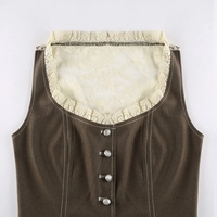 Brown Button Up Lace Patchwork Sleeveless Vest Shirt - Thumbnail 5