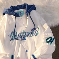 Vintage Pastel Letter Embroidery Oversized Baseball Jacket - Thumbnail 1