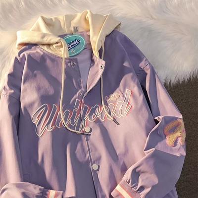 Vintage pastel letter embroidery oversized baseball jacket - Thumbnail 3