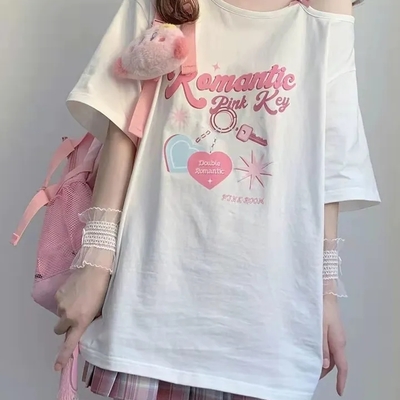 Sweet pink print off shoulder short sleeve t-shirt - Thumbnail 3