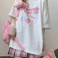 Sweet Pink Print Off Shoulder Short Sleeve T-shirt - Thumbnail 1