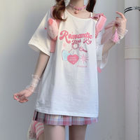 Sweet Pink Print Off Shoulder Short Sleeve T-shirt - Thumbnail 7