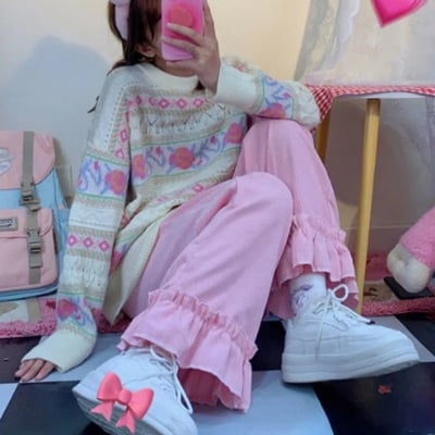 Sweet Pink Ruffle Corduroy High Waisted Wide Leg Trousers