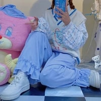 Sweet Pink Ruffle Corduroy High Waisted Wide Leg Trousers - Thumbnail 2