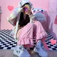 Sweet Pink Ruffle Corduroy High Waisted Wide Leg Trousers - Thumbnail 4