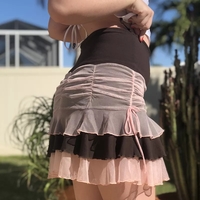 Brown Vintage Patchwork Pleated Ruffle Mini Skirt - Thumbnail 3