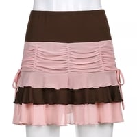 Brown Vintage Patchwork Pleated Ruffle Mini Skirt - Thumbnail 4