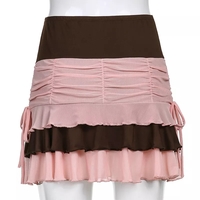 Brown Vintage Patchwork Pleated Ruffle Mini Skirt - Thumbnail 5