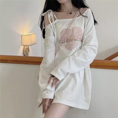 Sweet japanese anime off shoulder lace up long sleeve shirt - Thumbnail 3