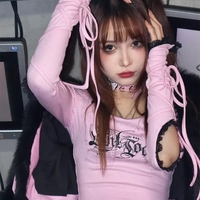 Pink Goth Bandage Hollow Out Long Sleeve T-shirt  - Thumbnail 3