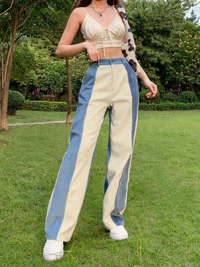 Blue Patchwork Corduroy High Waist Trousers 