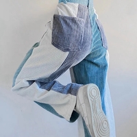 Blue Patchwork Corduroy High Waist Trousers  - Thumbnail 1