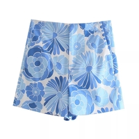 Blue Floral Print High Waisted Shorts - Thumbnail 4