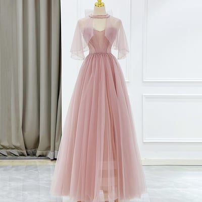 Pink tulle beaded long formal dress, lovely pink evening dress - Thumbnail 1
