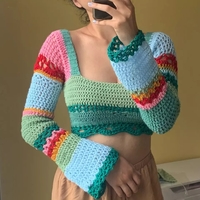 Rainbow Crochet Long Sleeve Drawstring Crop Top - Thumbnail 3