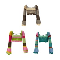 Rainbow Crochet Long Sleeve Drawstring Crop Top - Thumbnail 5