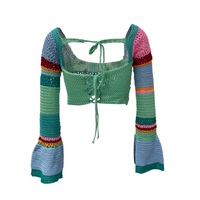Rainbow Crochet Long Sleeve Drawstring Crop Top - Thumbnail 7