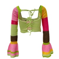 Rainbow Crochet Long Sleeve Drawstring Crop Top - Thumbnail 8