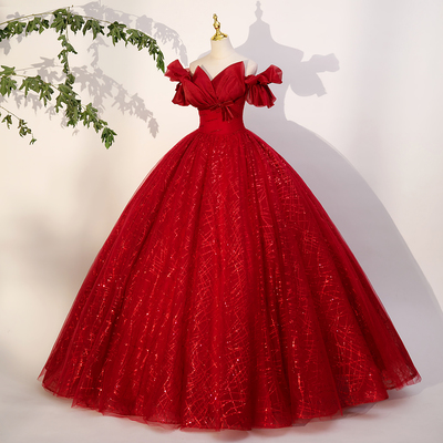 Red tulle sequins long prom dress, red off shoulder evening dress - Thumbnail 1