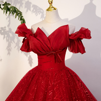 Red Tulle Sequins Long Prom Dress, Red Off Shoulder Evening Dress - Thumbnail 1