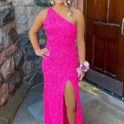 One shoulder hot pink sequined long prom dress - Thumbnail 1