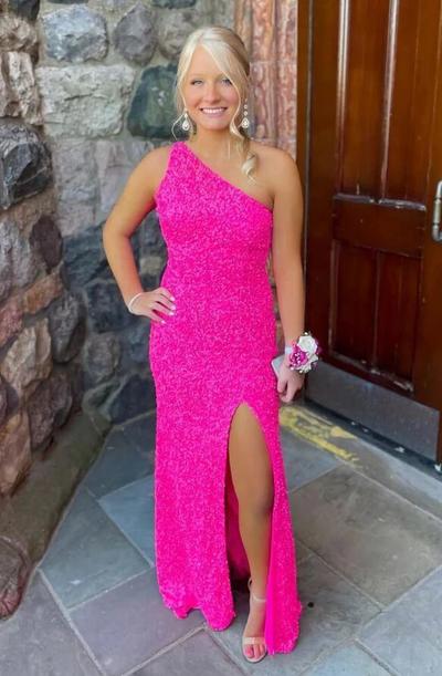 One Shoulder Hot Pink Sequined Long Prom Dress