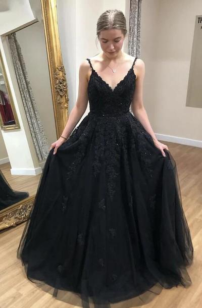 A Line Black V Neck Long Prom Dress With Lace 