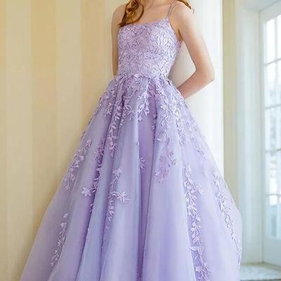 Pretty lilac ball gown lace prom dresses