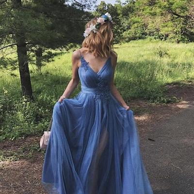 A line straps blue tulle lace long prom dress - Thumbnail 3