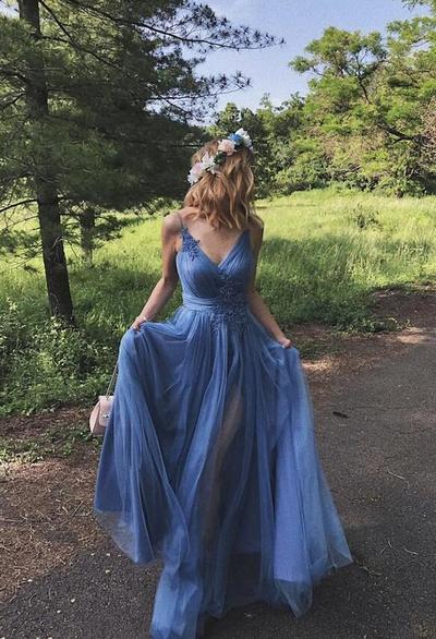 A Line Straps Blue Tulle Lace Long Prom Dress
