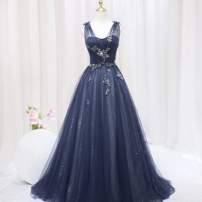 Blue tulle beaded long prom dress, a-line evening party dress - Thumbnail 2