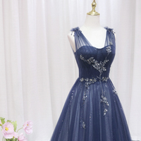Blue Tulle Beaded Long Prom Dress, A-Line Evening Party Dress - Thumbnail 1