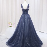 Blue Tulle Beaded Long Prom Dress, A-Line Evening Party Dress - Thumbnail 2