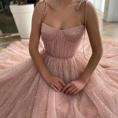 A line straps pink tulle long prom dress 
