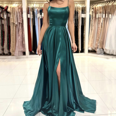 Green satin long prom dress, simple a-line backless evening dress - Thumbnail 1