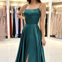 Green Satin Long Prom Dress, Simple A-Line Backless Evening Dress - Thumbnail 1