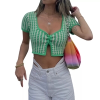 Green Plaid Square Collar Bandage Knit Short Sleeve T-shirt  - Thumbnail 1