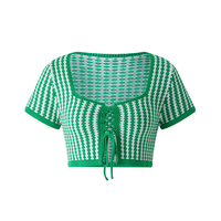 Green Plaid Square Collar Bandage Knit Short Sleeve T-shirt  - Thumbnail 6