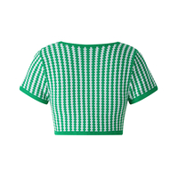Green Plaid Square Collar Bandage Knit Short Sleeve T-shirt  - Thumbnail 7