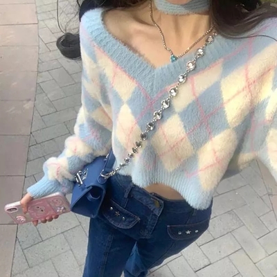 Blue Argyle Slash Neck Long Sleeve Sweater