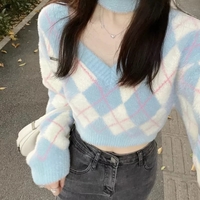 Blue Argyle Slash Neck Long Sleeve Sweater - Thumbnail 1