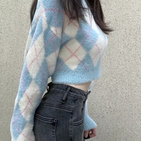 Blue Argyle Slash Neck Long Sleeve Sweater - Thumbnail 2