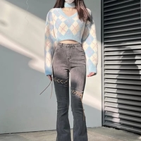 Blue Argyle Slash Neck Long Sleeve Sweater - Thumbnail 3