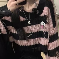 Black & Pink Striped Knit Cropped Pullover  - Thumbnail 3