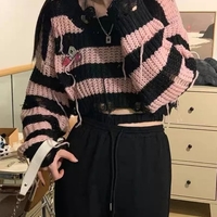 Black & Pink Striped Knit Cropped Pullover  - Thumbnail 2