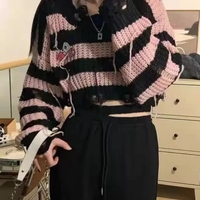 Black & Pink Striped Knit Cropped Pullover  - Thumbnail 6