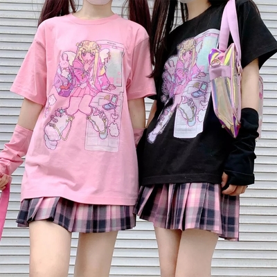 Japanese Fairy Anime Print Short Sleeve T-shirt 