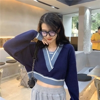 Panelled V Neck Cropped Loose Long Sleeve Jumper  - Thumbnail 2