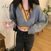 Panelled V Neck Cropped Loose Long Sleeve Jumper  - Thumbnail 4