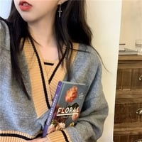 Panelled V Neck Cropped Loose Long Sleeve Jumper  - Thumbnail 3